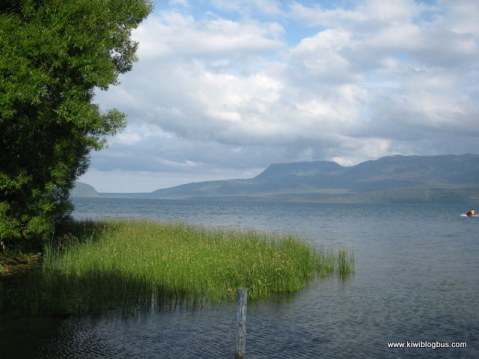 Mt Tarawera towers over Lake Tarawera